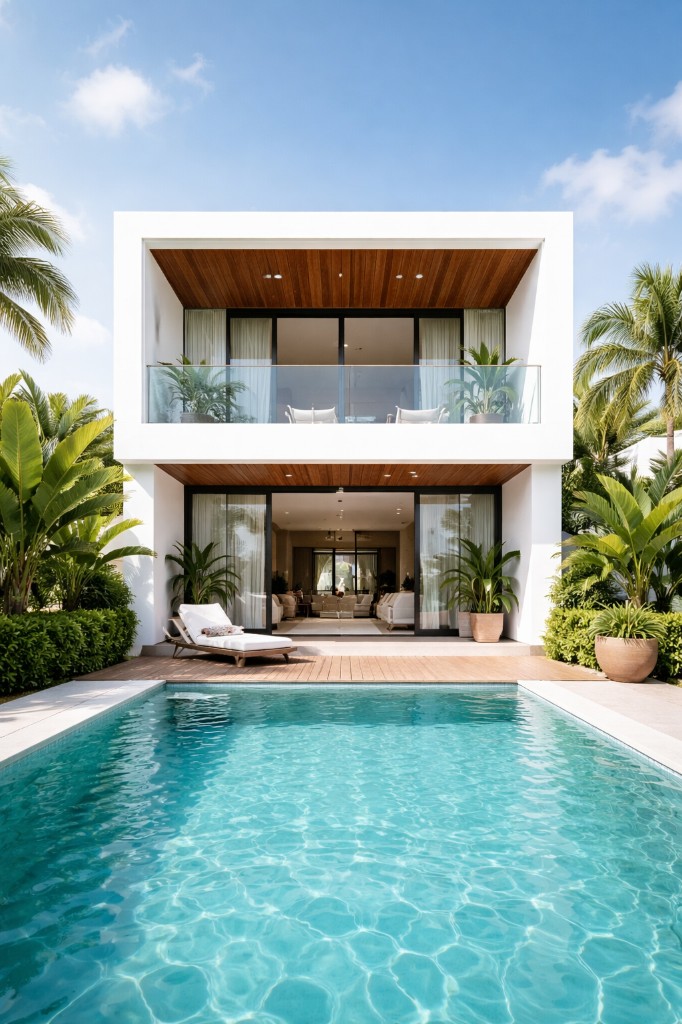 White tropical villa with pool on a bright sunny day