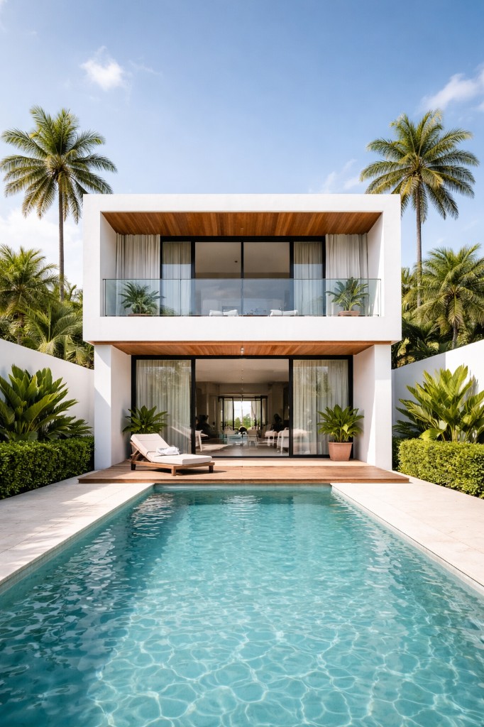 Tropical luxury villa with swimming pool and palm trees in daylight