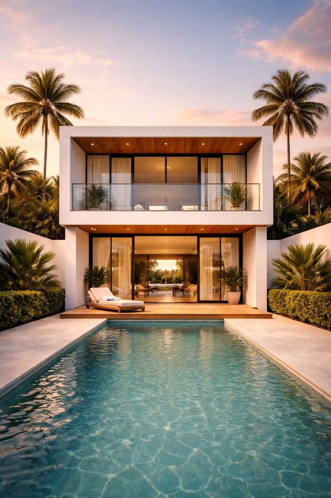 Modern two-story white villa with pool at golden hour sunset