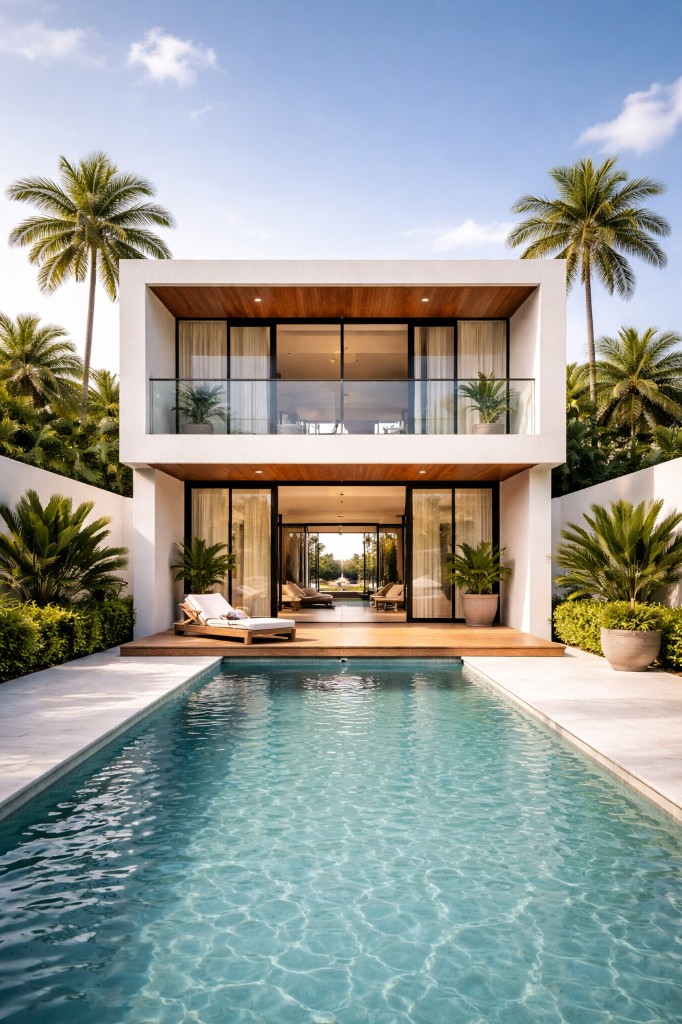 Modern two-story villa with pool and wooden deck