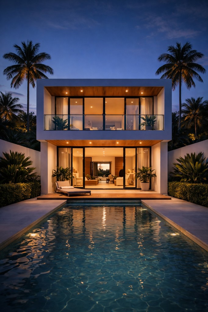 Modern villa with illuminated pool at twilight