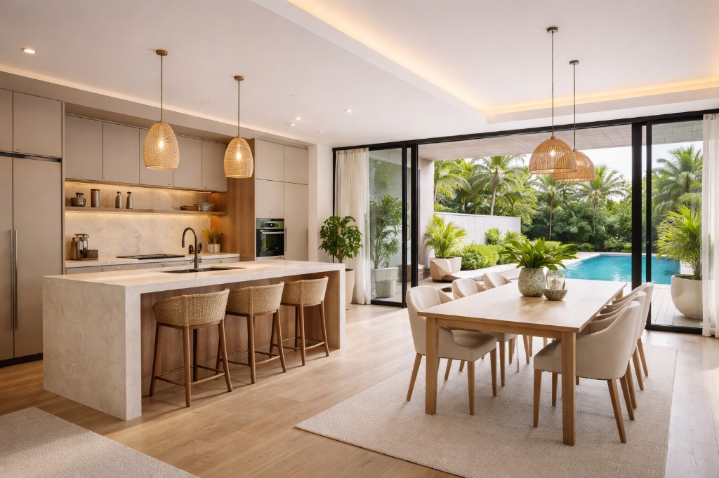 Open kitchen and dining area opening to pool and palms