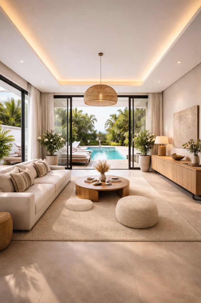 Open living room with patio doors to pool and tropical garden