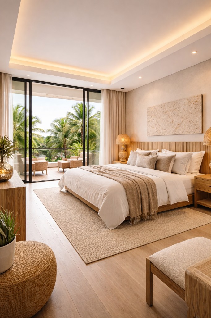Luxury bedroom with balcony and tropical palm view