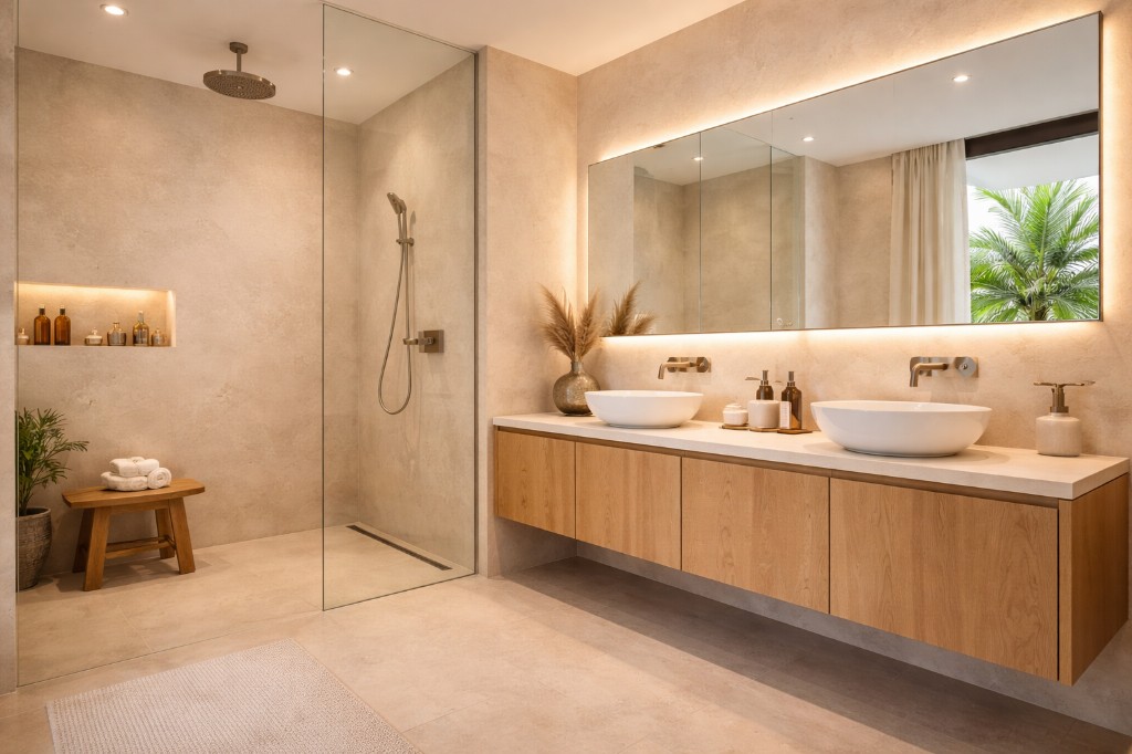 Minimalist bathroom with double vessel sinks and backlit mirror