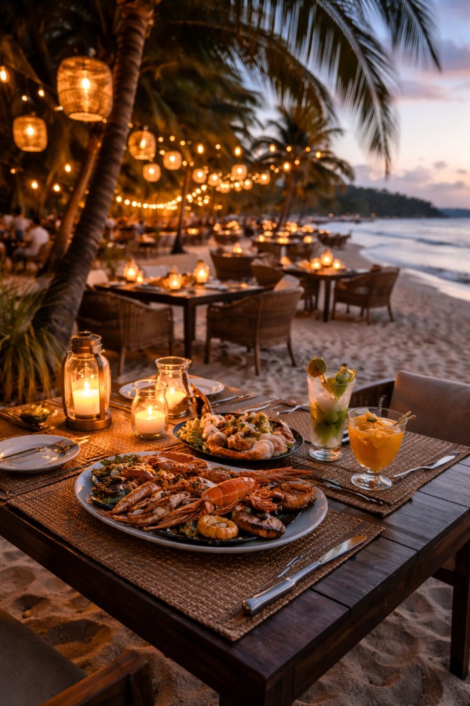 Beachfront seafood dinner at dusk with lanterns and palm trees