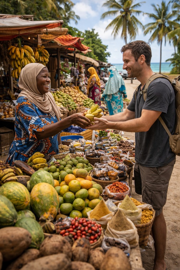 Outdoor tropical fruit market with vendor and tourist near the ocean
