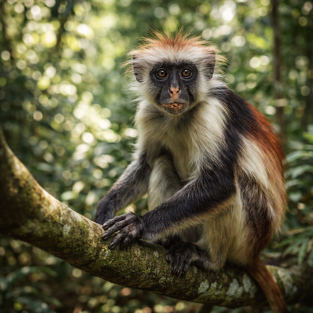 Zanzibar red colobus monkey perched on a branch in lush forest