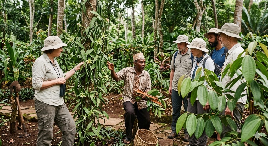 Guided spice tour with vanilla and cinnamon in tropical plantation