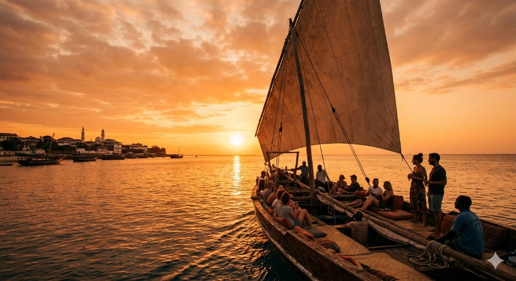 Sunset dhow cruise with guests on calm water