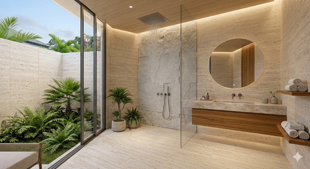 Luxury bathroom with rainfall shower and tropical courtyard