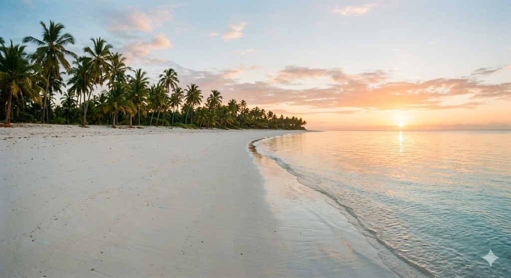 Serene white sand beach at sunrise with coconut palms and calm sea