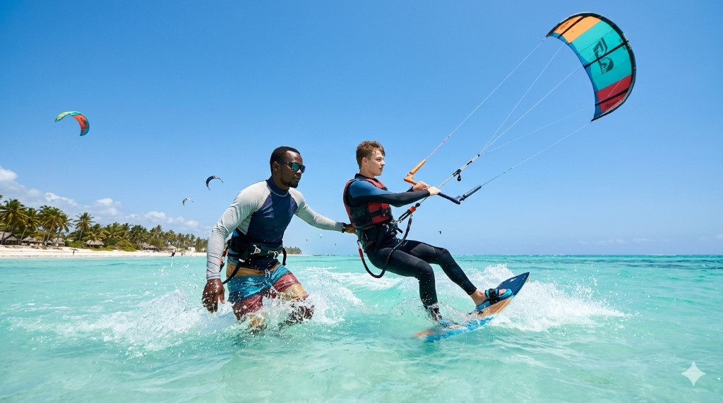 Kite surfing lesson in shallow turquoise water, East Coast Zanzibar style lagoon