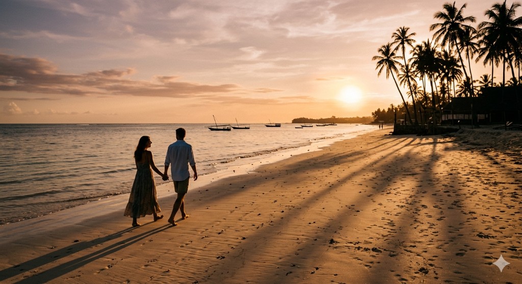 Couple walking on wet sand at sunset with dhow boats and palms