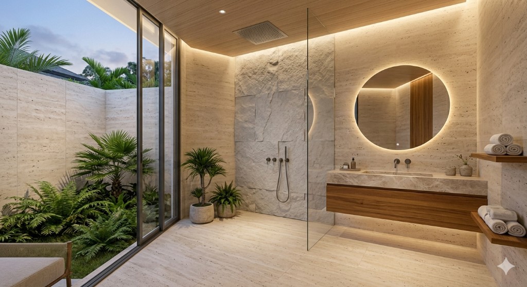 Spa bathroom with stone walls, shower, and garden view