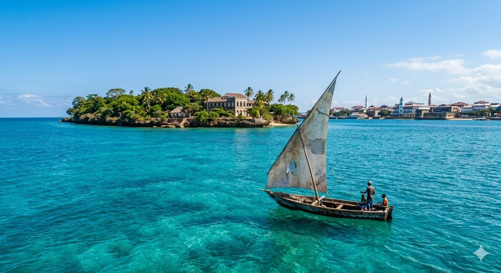 Traditional dhow sailing on clear water toward historic Stone Town skyline