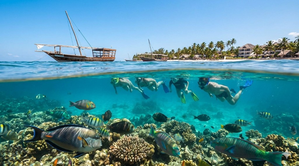 Split view above and below water with snorkeling and coral reef
